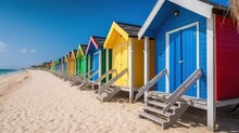  A Row Of Colorful Beach Huts Sitting On Top Of A Sandy Beach.  Generative Ai