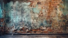  An Old Brick Wall With Peeling Paint And A Wooden Floor.  Generative Ai