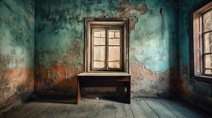 Canvas Print -  a room with a window and a bench in it and a wall with peeling paint.  generative ai