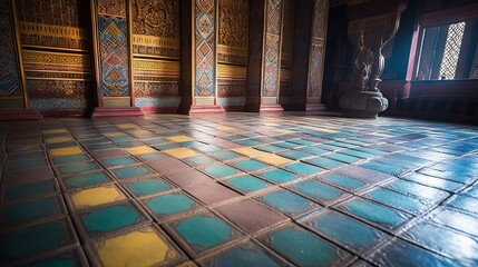 Canvas Print -  a tiled floor with a vase in the middle of it.  generative ai