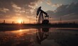 Crude mining concept, crude oil pump jack at oilfield on sunset backround. generative AI