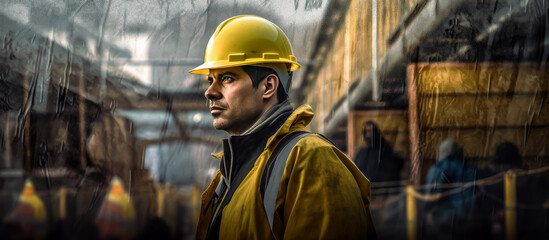 Construction worker standing in front of construction site, in the style of poster. Generative Ai.