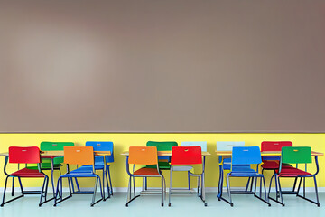 Poster - Modern school desks near wooden wall. Generative Ai