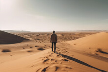 Man In The Desert Stands With His Back. Generative AI