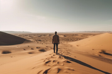 man in the desert stands with his back. Generative AI