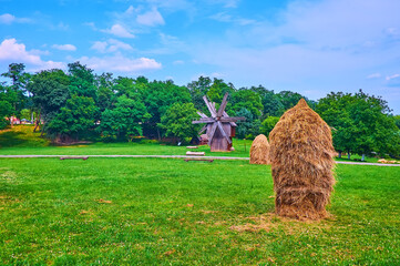 Sticker - The haystack and windmill on the green pasture, Chernivtsi scansen, Ukraine