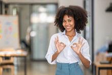 Portrait Of Pretty Smiling Black Woman Showing Ok Sign, Attarctive Cheerful With Two Hands OK Symbol