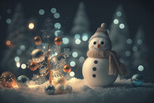 Panoramic View Of Happy Snowman In Winter Scenery In The Night (ai Generated)
