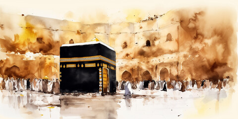 Divine Aquarelle: Watercolor Depiction of Kaaba in Mecca with Abundant Copy Space 