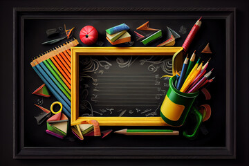 Small school blackboard with stationery on pink wooden background. Generative Ai