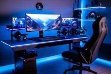 Gaming PC Room With Led Lights In Different Colors. Ai Generated Illustration.