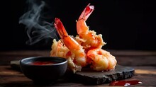 Tasty Shrimp In Tempura With Red Sauce On Black Background. Old Chinese Cuisine