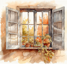 Window With Flowers In The Autumn