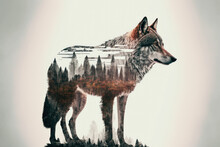 Double Exposure Head Wolf And A Forest ,made With Generative AI