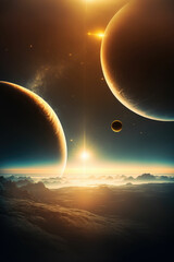 Wall Mural - Sunrise over and frozen alien planet in space, fantasy world