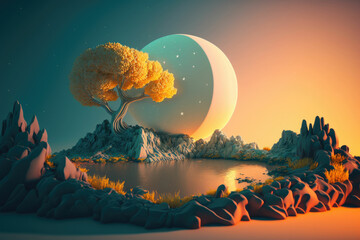 Wall Mural - Fantasy planet , night sky on background ,made with Generative AI