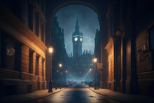 Old European City Street Landscape, Night City In The Rain Painting, Historical Cityscape, London Street Of 19th Century ,made With Generative AI