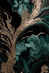 Wall Mural - Luxurious black, teal and gold smooth marble background ,made with Generative AI