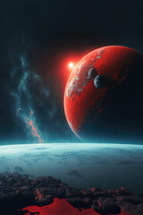 Wall Mural - Sunrise over and frozen alien planet in space, fantasy world