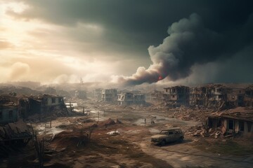 Devastating tornado destroys city, dramatic scenery begs danger. A natural disaster filled with chaos and destruction. Generative AI