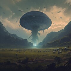 Poster - A spaceship flying over a lush green field. Generative AI image.