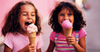 © annebel146 - Two happy dark skinned children eating ice cream Summer, vacation, childhood, motherhood, food concept. Mom treats siblings to ice cream. Kids aged 2 and 3 years eating ice cream