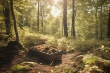 Natural Forest Burial On Sunny Day Surrounded By Trees And Bushes. Generative AI