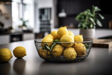 Yellow Lemons In Metal Basket On White Dining Table. Blurred Kitchen Background Of Brushed Metal Furniture And Electronics. Generative AI