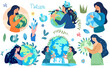 Hands cradling the globe, expressing a profound respect and care for Mother Nature. A visual representation of the pressing issues of global warming and climate alteration. Vector.