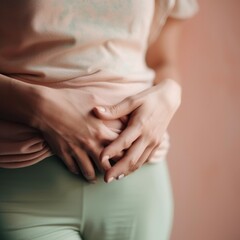 Poster - A woman with her hands on her stomach. Generative AI image.