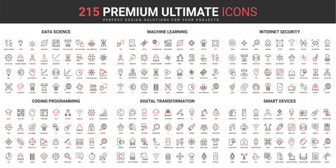 Poster - Science digital technology and hightech smart devices thin line red black icons set vector illustration. Abstract innovation pictograms with AI control, automation, simple design for mobile, web apps