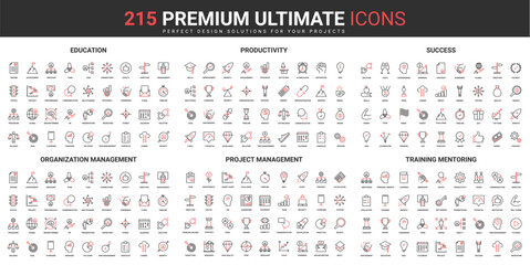 Success of business organization thin line red black icons set vector illustration. Abstract symbols productivity of education, training, project management, mentoring simple design, mobile web apps