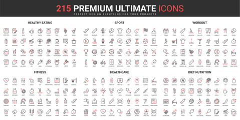Leinwandbilder - Healthy food, fitness workout and sports, healthcare thin line red black icons set vector illustration. Abstract symbols of gym equipment and exercises, medical cure simple design for mobile, web apps