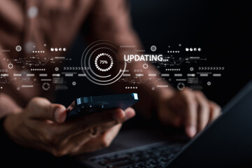 Poster - Update software system in computer. Man using smartphone upgrade program, Business technology internet loading virtual bar with installing the update for the quality better.