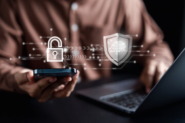 Poster - Cybersecurity and privacy concepts to protect data. businessman with internet network security technology. Businessman locking personal data on smartphone. cyber security concept.