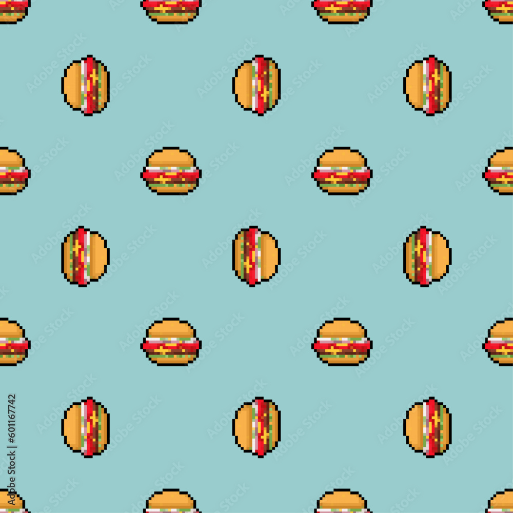 Burger pixel art pattern seamless. Hamburger pixelated background. Fast ...