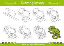 Drawing Tutorial And Art Lesson. How To Draw Cartoon Animals. Children Activity Page. Kids Education Step By Step Worksheet. Vector Illustration Of Chameleon.