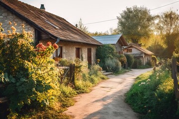 Poster -  a dirt path leads to a house with a brown roof and a brown shingled roof and a garden with flowers and shrubs and a path leading to a stone building with a brown roof.  generative ai