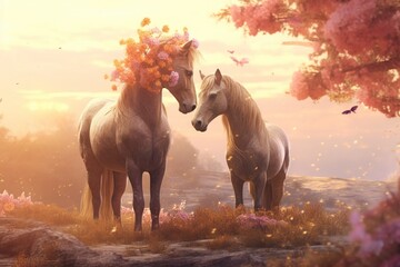  two horses standing next to each other in a field with flowers on their heads and in the foreground are butterflies and a tree with pink flowers.  generative ai