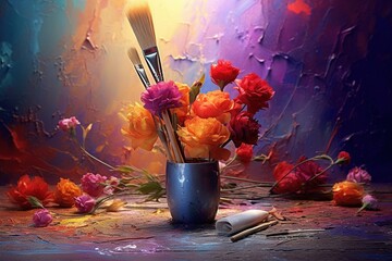 Wall Mural -  a vase filled with flowers and brushes on top of a table next to a paintbrush and a tube of toothpaste on a table.  generative ai