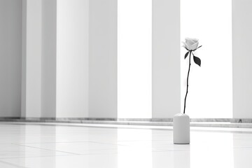 Poster -  a single white rose in a white vase on a white tiled floor in a room with vertical striped walls and floor tiles on the floor.  generative ai