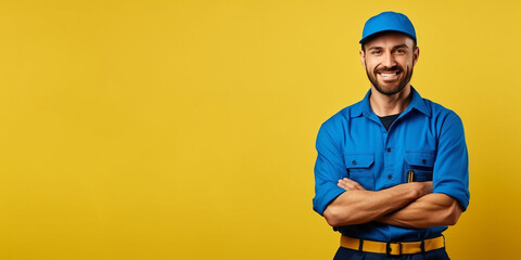 Handsome male model wearing baseball cap and dungarees on solid color background Banner for handyman, contractor, plumber, electrician, architect etc.