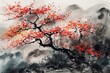 © bluebeat76 - Cherry blossom tree in traditional Japanese painting Sumi-e ink art. AI generative.