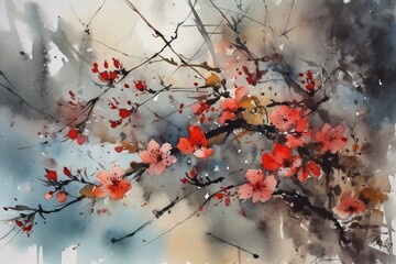Wall Mural - Cherry blossom tree in traditional Japanese painting Sumi-e ink art. AI generative.
