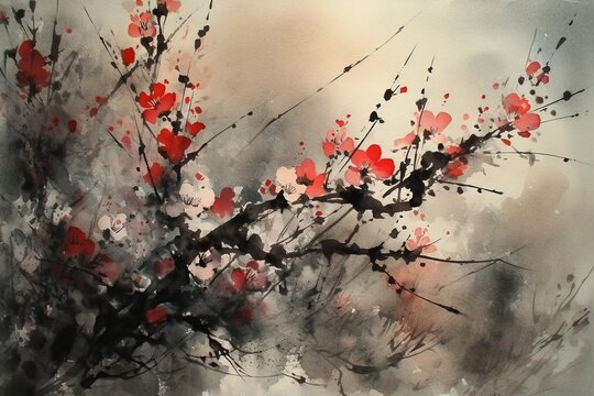 Cherry blossom tree in traditional Japanese painting Sumi-e ink art. AI generative.