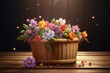 Lovely wooden basket of spring blooms on copyspace background. Vector art. Generative AI