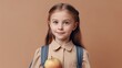 © ckybe - Happy pupil child with backpack and workbooks and apple lunch in school uniform. School girl student banner. Schoolgirl portrait with copy space. Generative Ai.