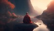 A monk meditating on a stone, around a beautiful landscape (Generative AI)