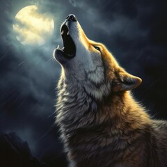 Wall Mural - Wolf howling at the moon created with Generative AI
