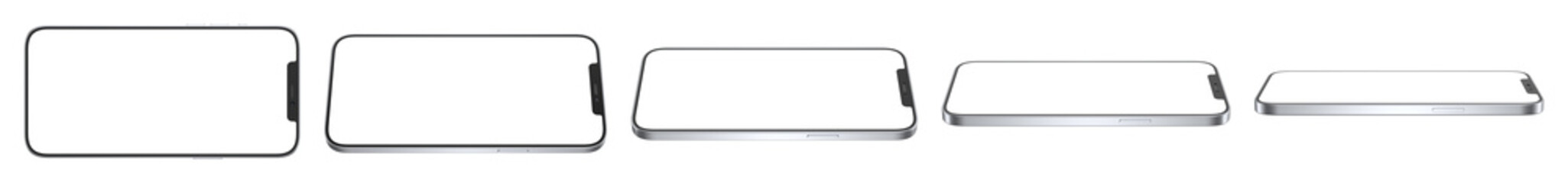 Smartphones with transparent screens positioned horizontally to the right in different angles. Realistic rendering.